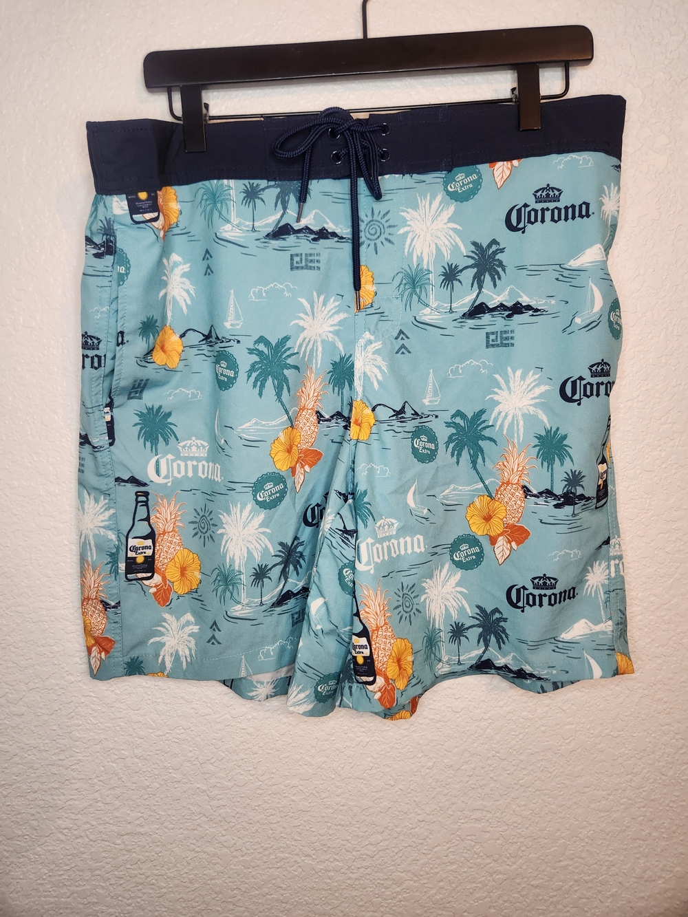 Corona Swim Trunks Men's L Blue Geometric Allover Beer Drawstring Swim L 36 38